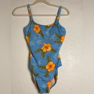 Leilani Vintage One Piece Swimsuit Womens Sz 8 Blue Orange Hibiscus Vocation